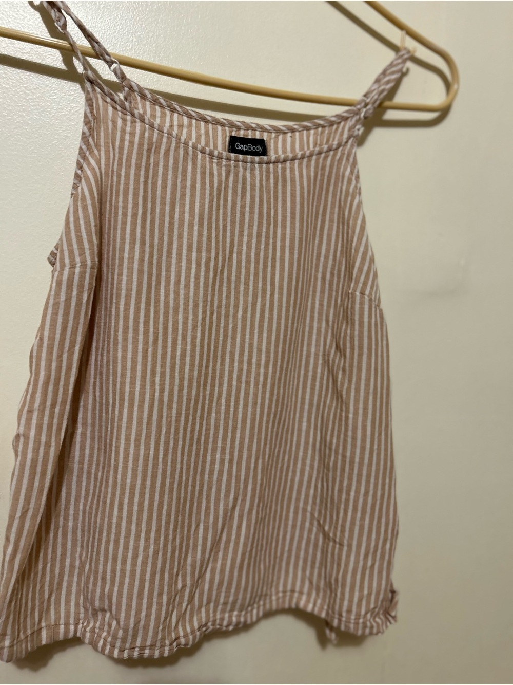 GapBody Cream & Tan Striped Linen Tank Top Sz S Flirty Side Bows & Slits